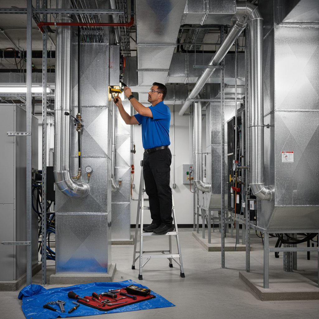 ThermoSTAT specialist performing routine HVAC maintenance inside a Caryville, TN commercial building.