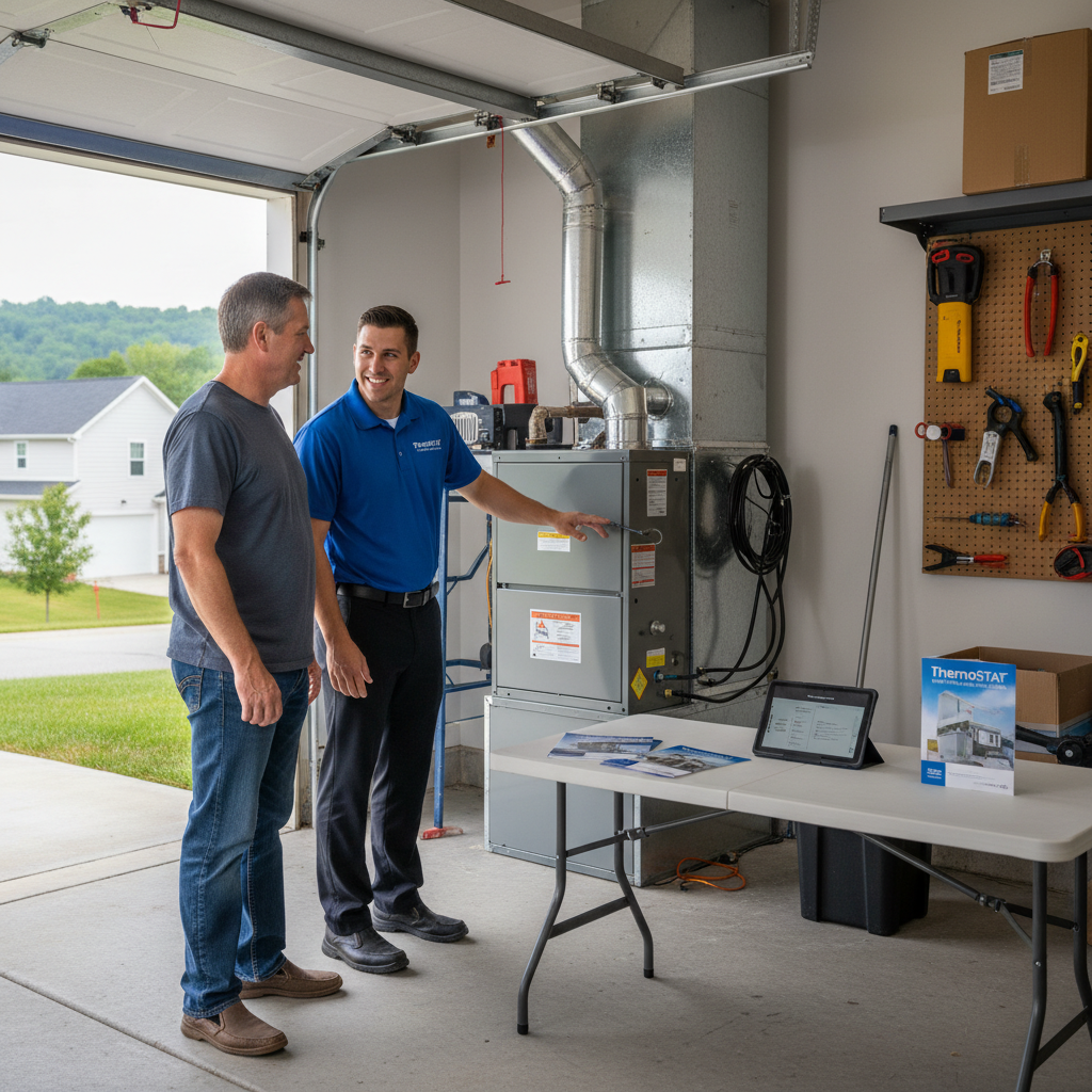 ThermoSTAT team member discussing a new heating and cooling installation in Caryville, TN.
