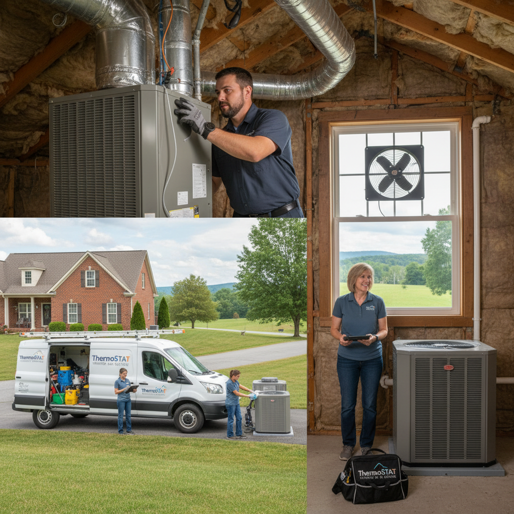 ThermoSTAT technician expertly installing a new HVAC unit in a home in LaFollette, Jacksboro, Caryville, and Campbell County TN.