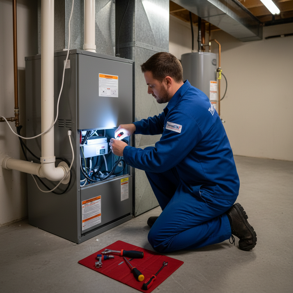 ThermoSTAT technician expertly repairing a furnace in a LaFollette, TN home, ensuring reliable heating.
