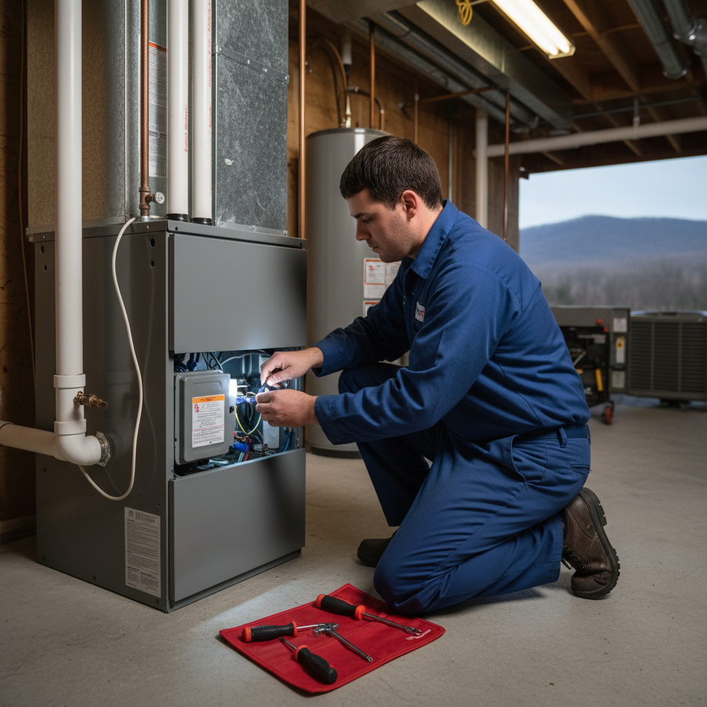 ThermoSTAT technician expertly repairing a furnace in a LaFollette, TN home, ensuring reliable heating.