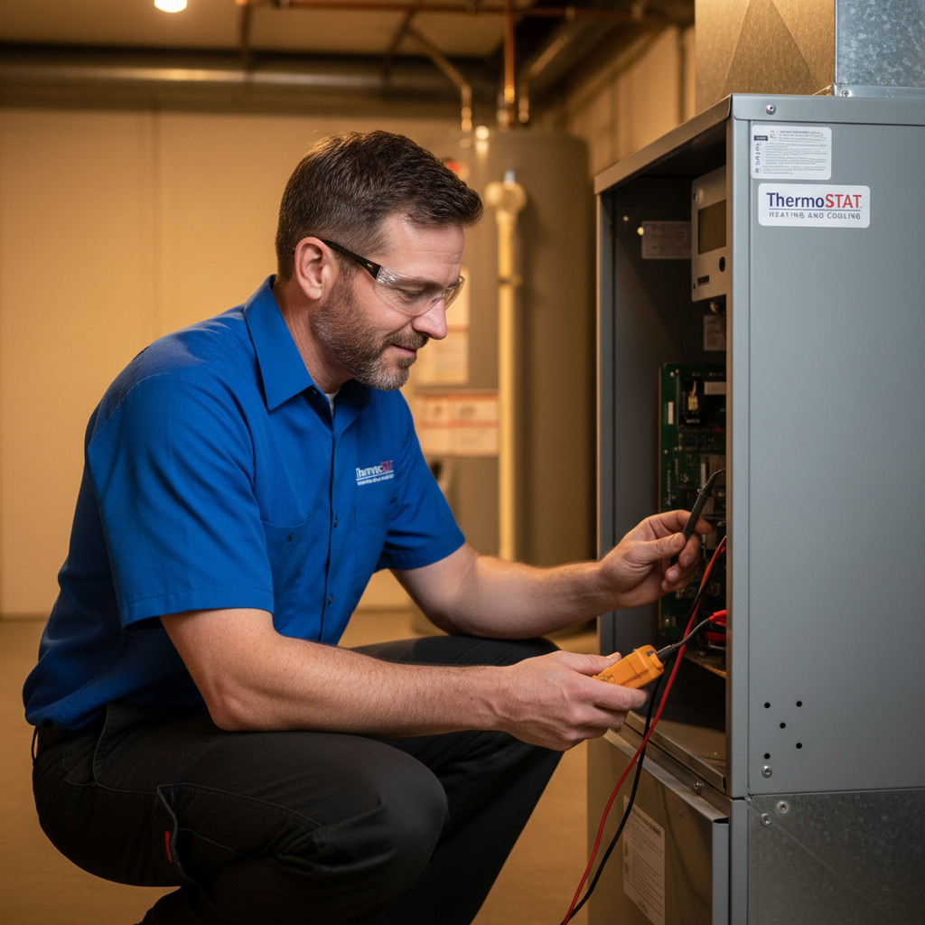 ThermoSTAT technician inspecting a furnace, ensuring optimal heating for a Jacksboro, TN residence.