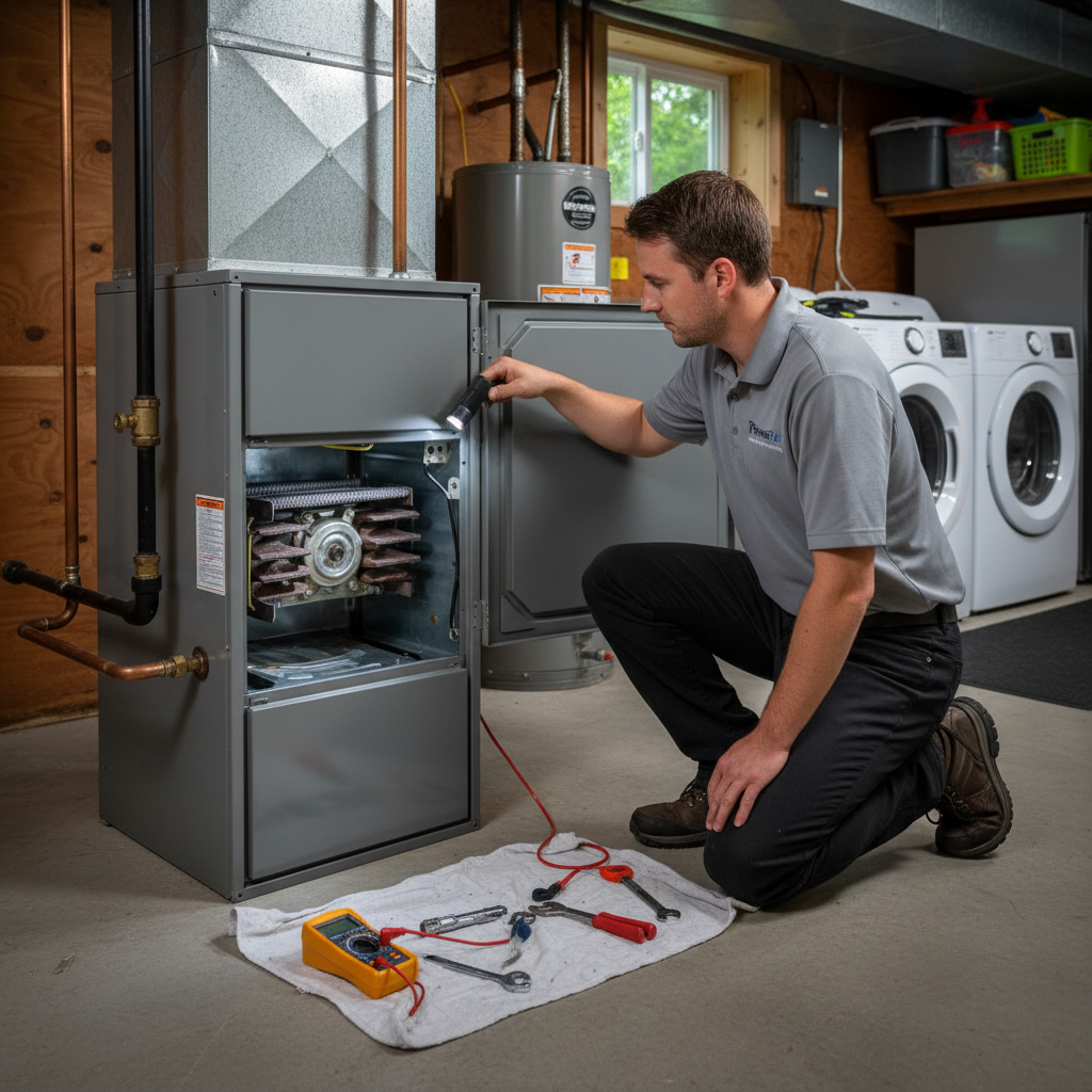 ThermoSTAT technician inspecting a furnace in a Caryville, TN home for heating and cooling maintenance.