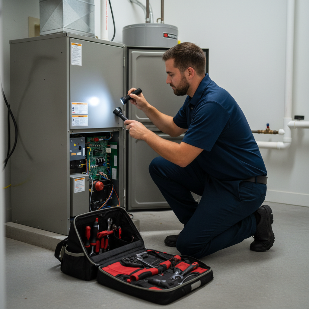 ThermoSTAT technician inspecting a furnace in a home's utility room in Jacksboro, Campbell County TN.