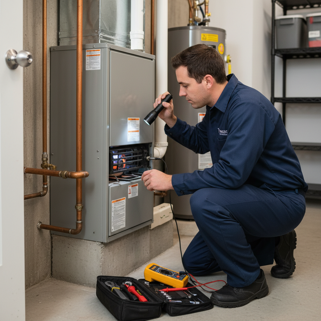 ThermoSTAT technician inspecting a furnace in a Jacksboro, TN home, ensuring reliable heating.