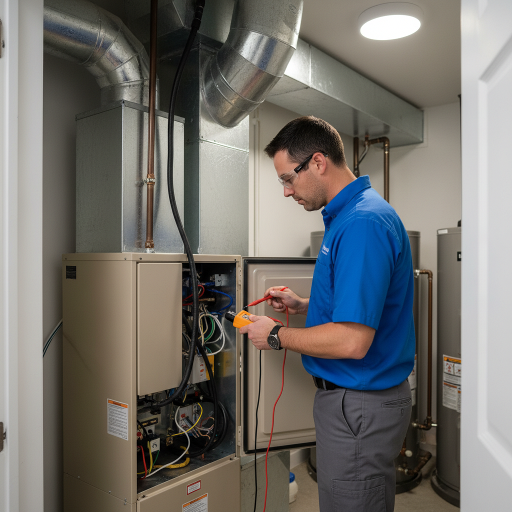 ThermoSTAT technician inspecting a furnace in a Jacksboro, TN home, ensuring reliable heating.
