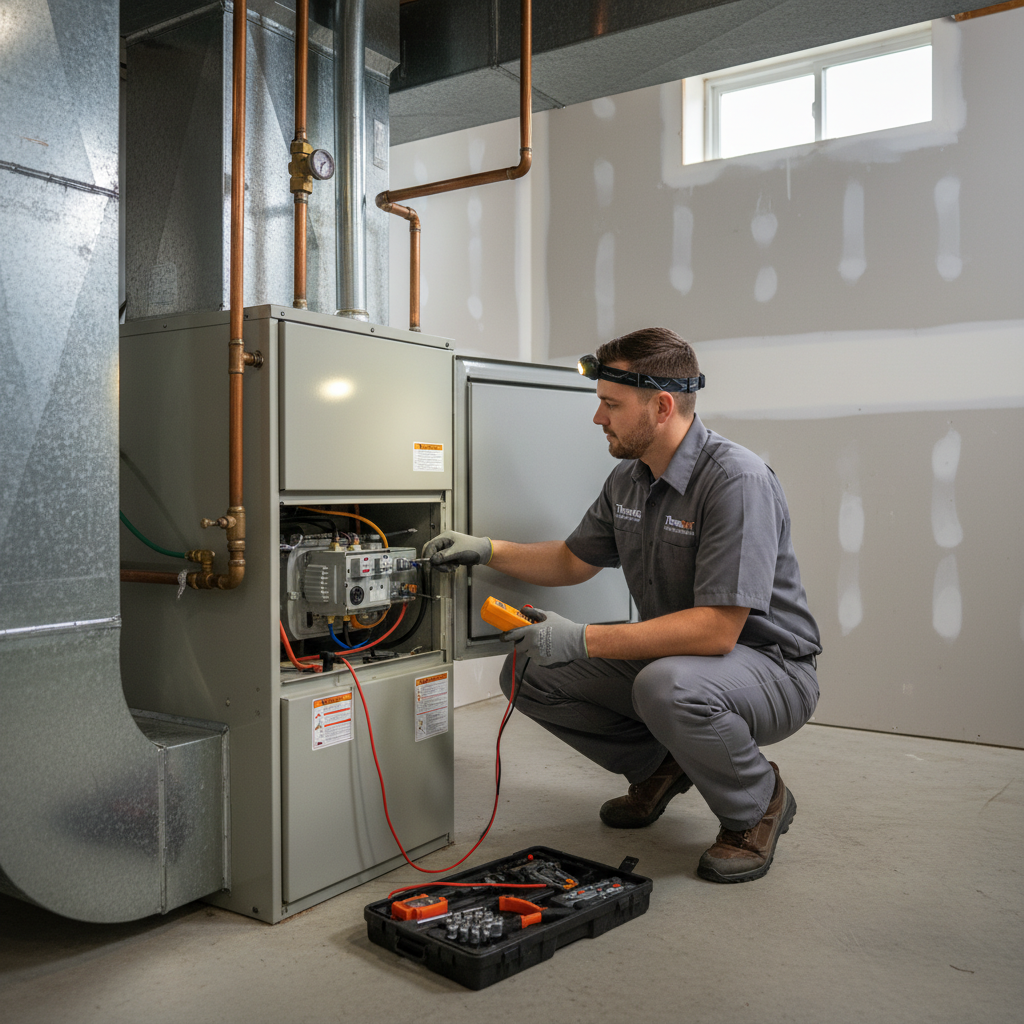 ThermoSTAT technician inspecting a furnace in a Jacksboro, TN basement, providing heating and cooling service.