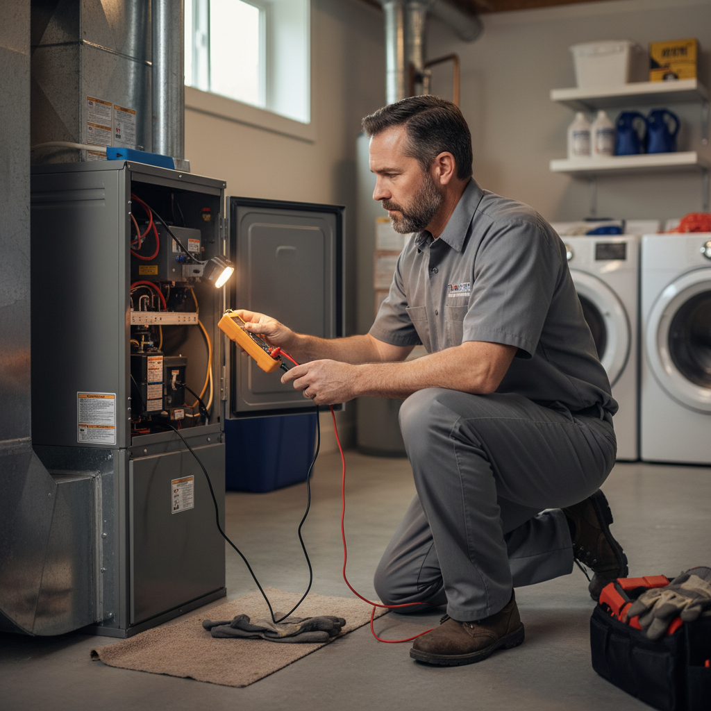 ThermoSTAT technician inspecting a furnace in a residential home in Campbell County, TN.