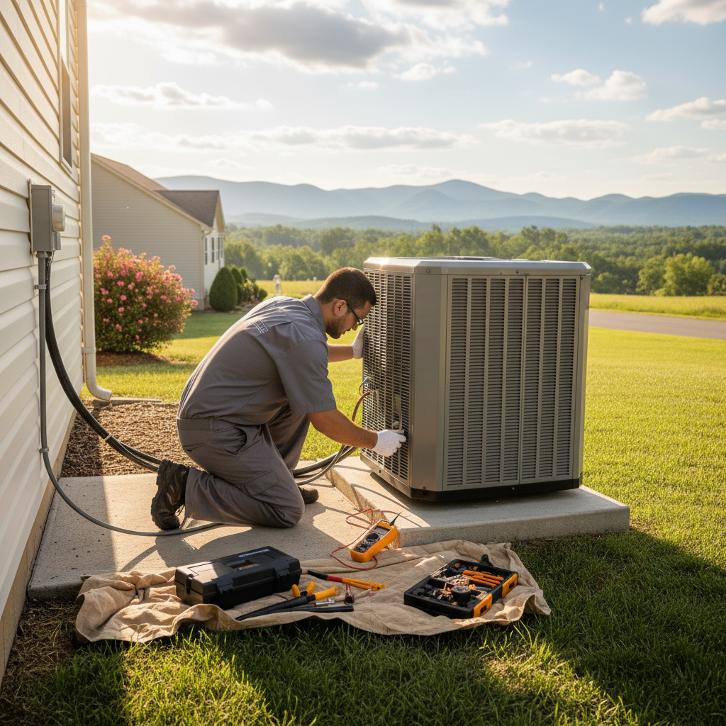 ThermoSTAT technician inspecting an HVAC unit for optimal cooling in a Caryville, Tennessee residence.