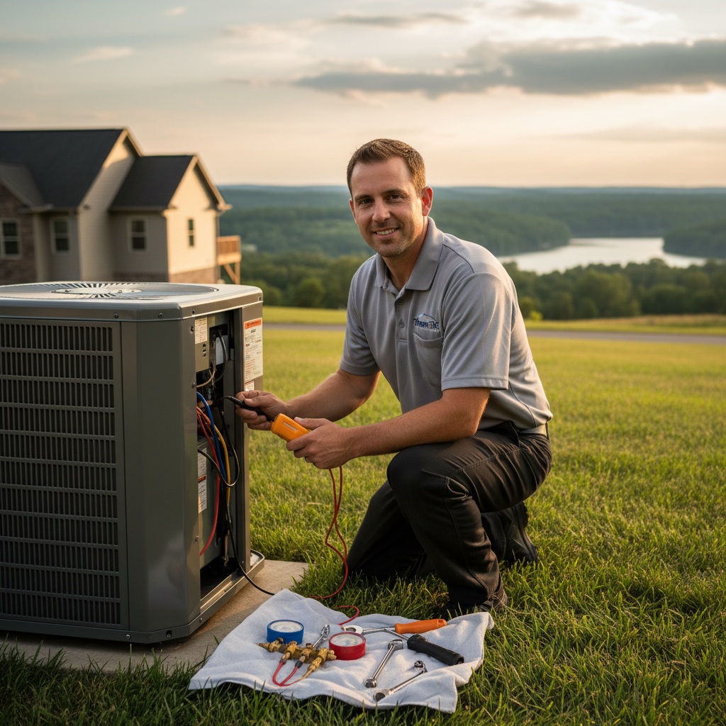 ThermoSTAT technician inspecting an outdoor AC unit during a service call in LaFollette, Jacksboro, Caryville, and Campbell County TN.