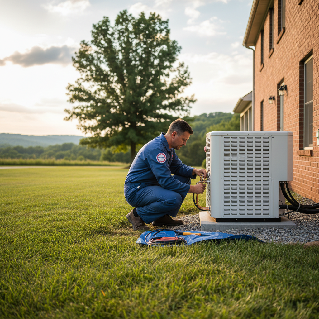 ThermoSTAT technician installing a new air conditioning unit outside a home in Jacksboro, Campbell County, TN.