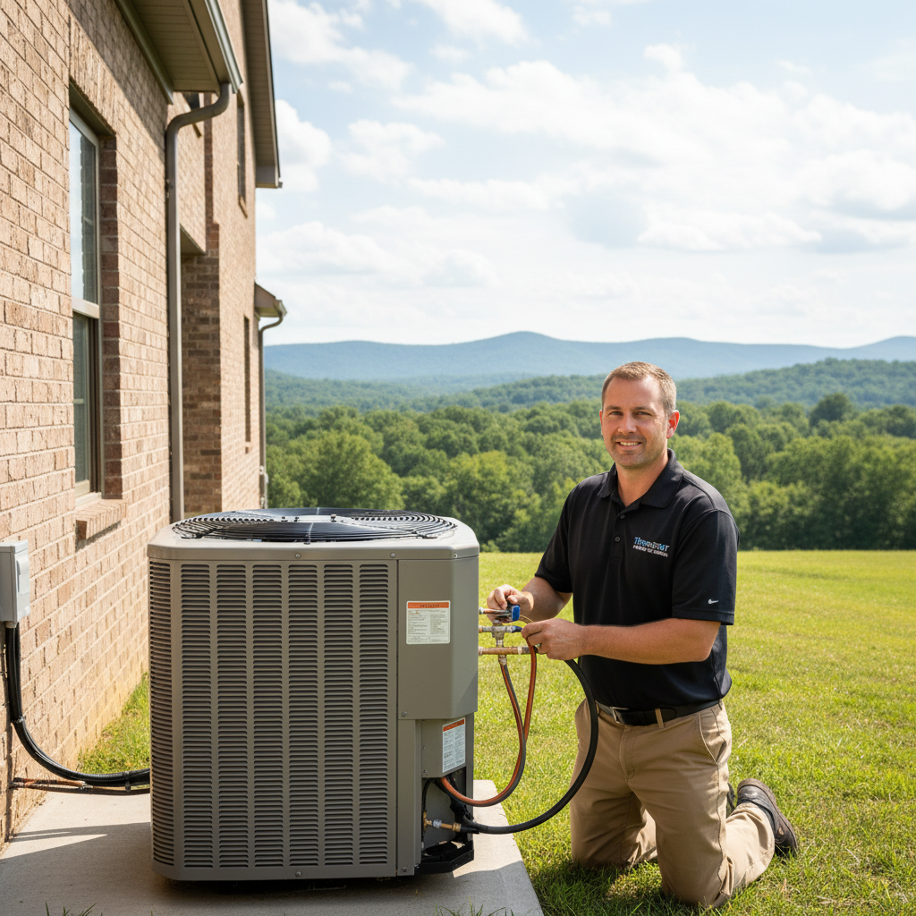 ThermoSTAT technician installing a new air conditioning unit at a home in LaFollette, Jacksboro, Caryville, TN.