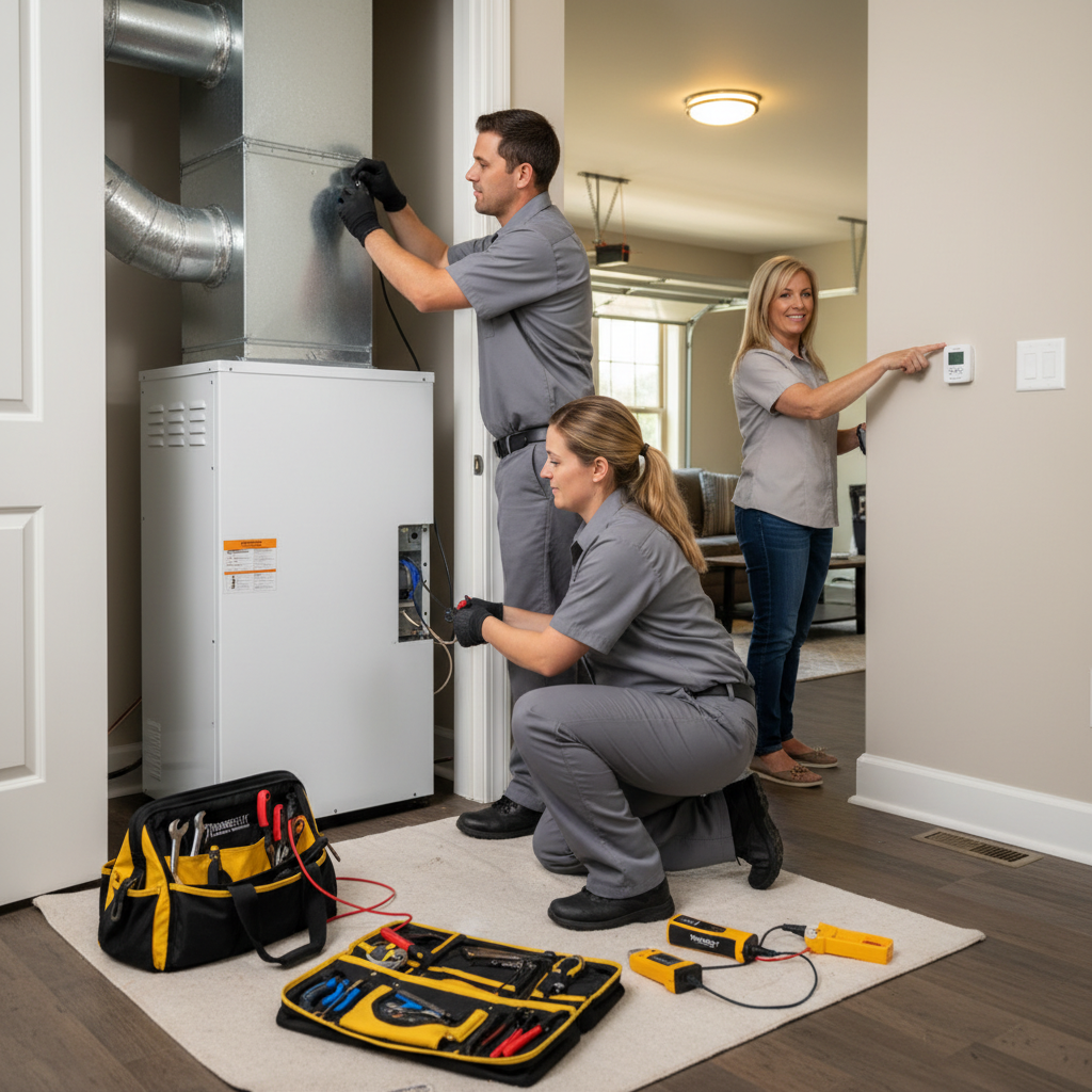 ThermoSTAT technician installing a new heating and cooling system in a LaFollette, Jacksboro, or Caryville TN home.