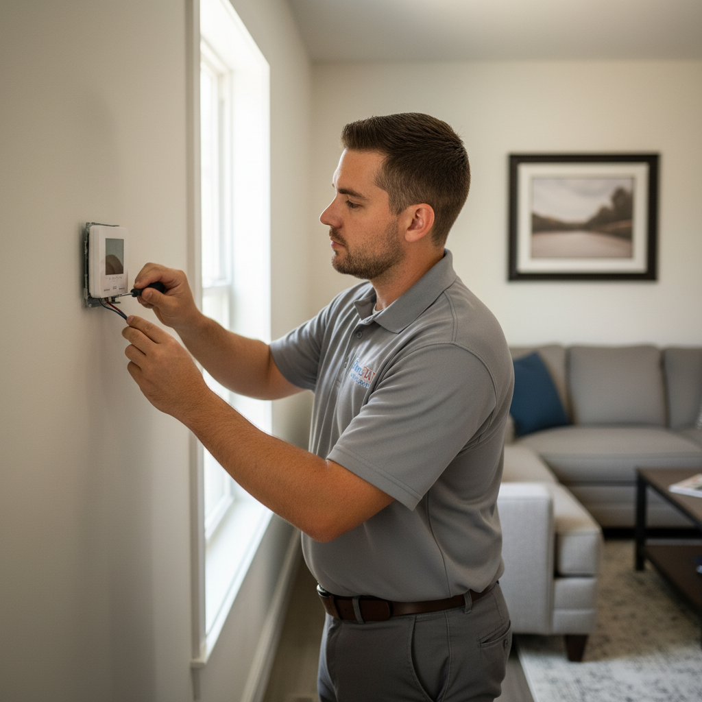 ThermoSTAT technician installing a new thermostat for heating and cooling in Jacksboro, TN.