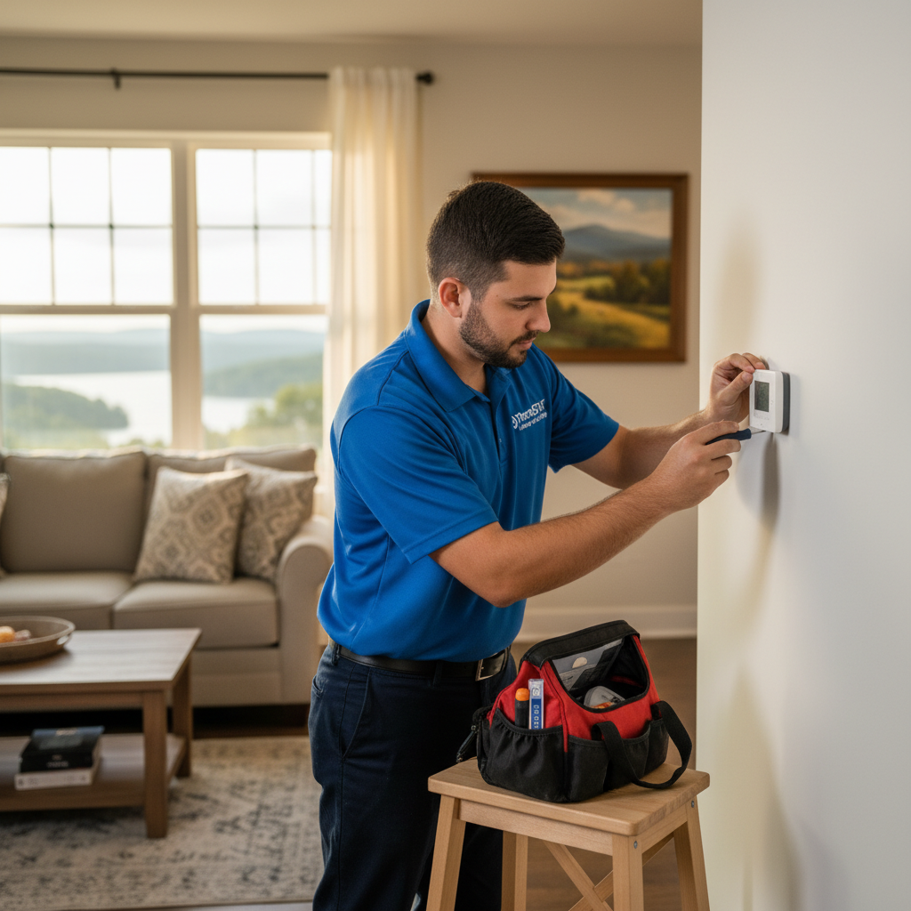 ThermoSTAT technician installing a new thermostat in a modern LaFollette, Jacksboro, Caryville, Campbell County TN home.