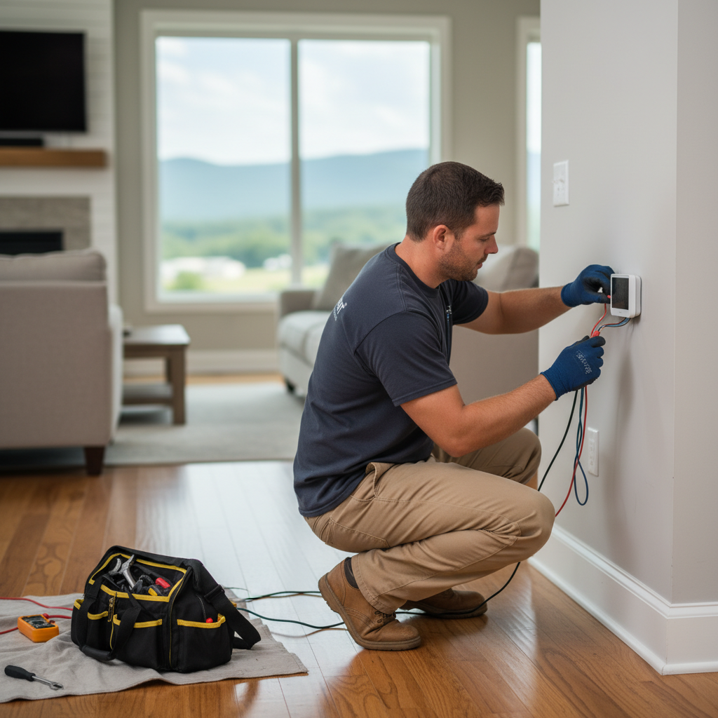 ThermoSTAT technician installing a new thermostat in a modern home in Caryville, Campbell County TN.