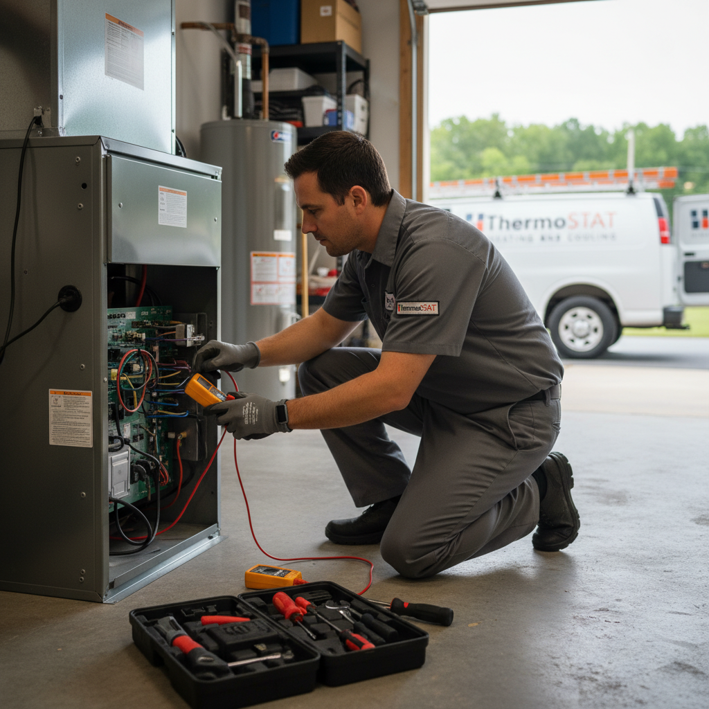 ThermoSTAT technician performing a heating system repair in a Jacksboro, TN residence, ensuring warmth and comfort.