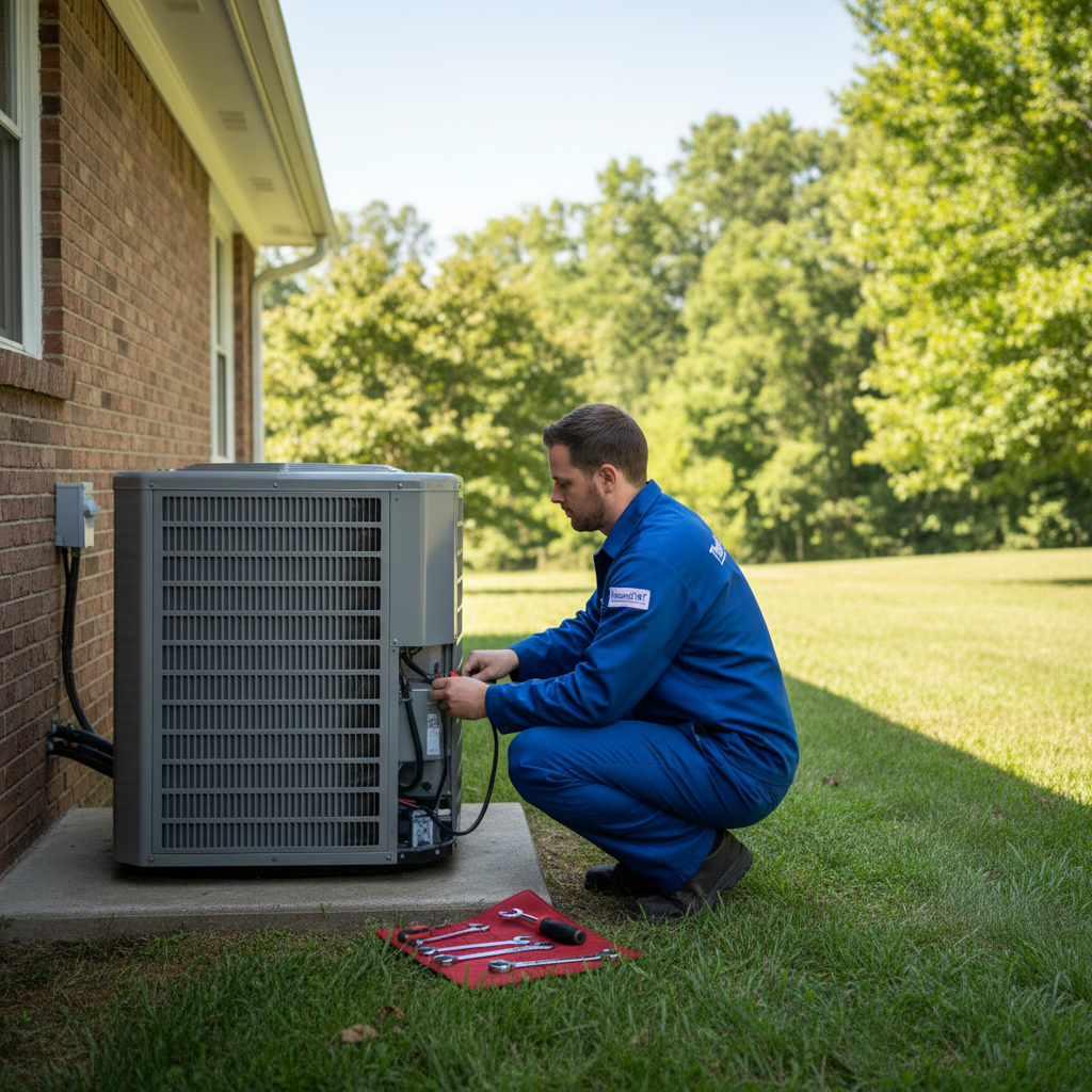 ThermoSTAT technician performing AC maintenance on an outdoor unit in Jacksboro, TN, during summer.