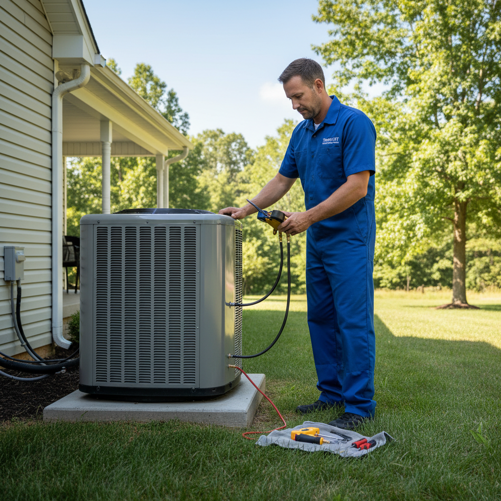 ThermoSTAT technician performing AC maintenance on an outdoor unit in Jacksboro, TN, for optimal cooling.