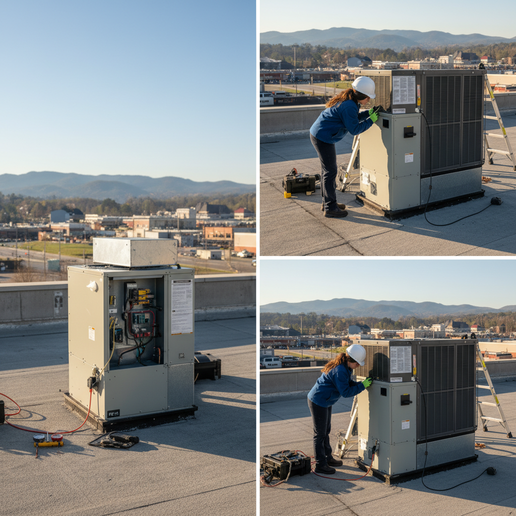 ThermoSTAT technician performing AC repair on a rooftop unit overlooking Jacksboro, TN.