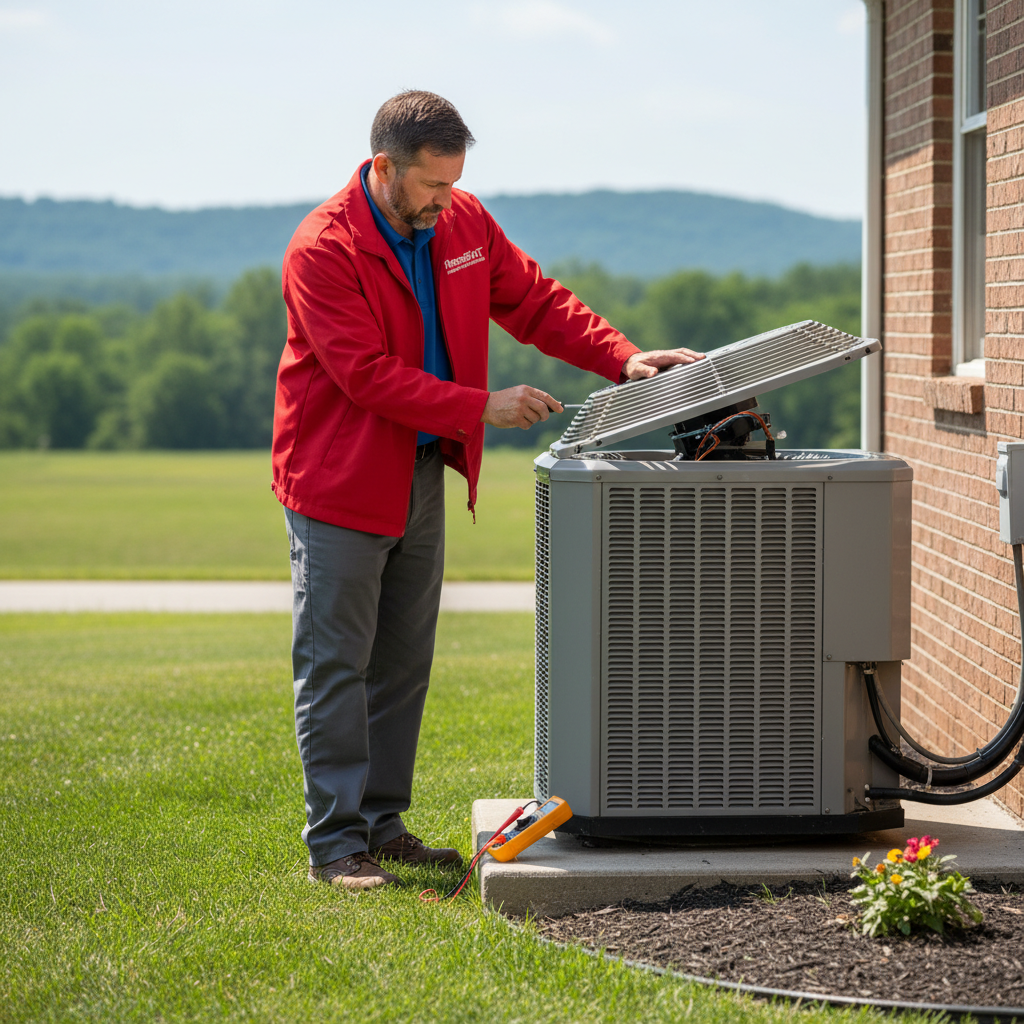 ThermoSTAT technician performing AC repair on an outdoor unit in Jacksboro, TN, during summer.