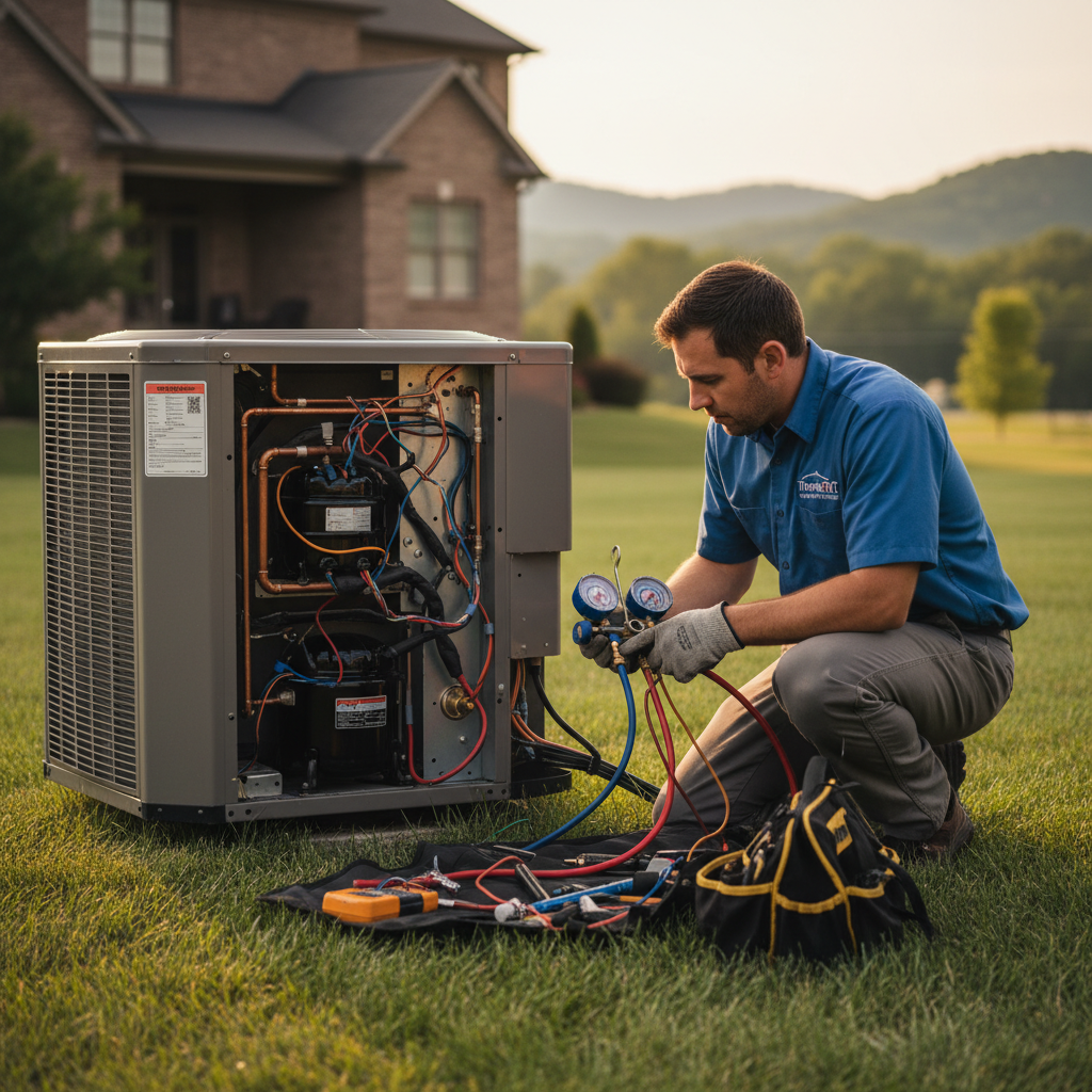 ThermoSTAT technician performing AC repair on an outdoor unit in Jacksboro, TN, preparing for summer.