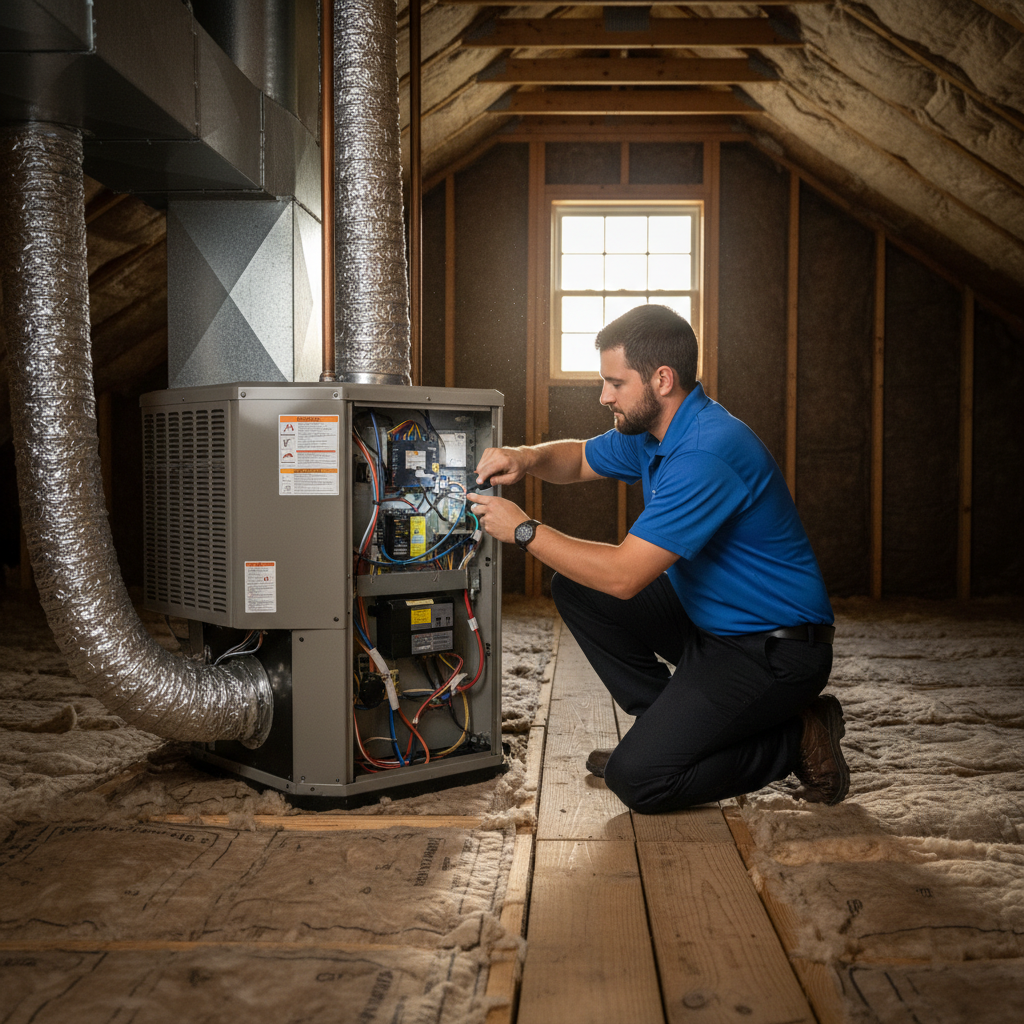 ThermoSTAT technician performing AC repair service in a LaFollette, Jacksboro, Caryville home.