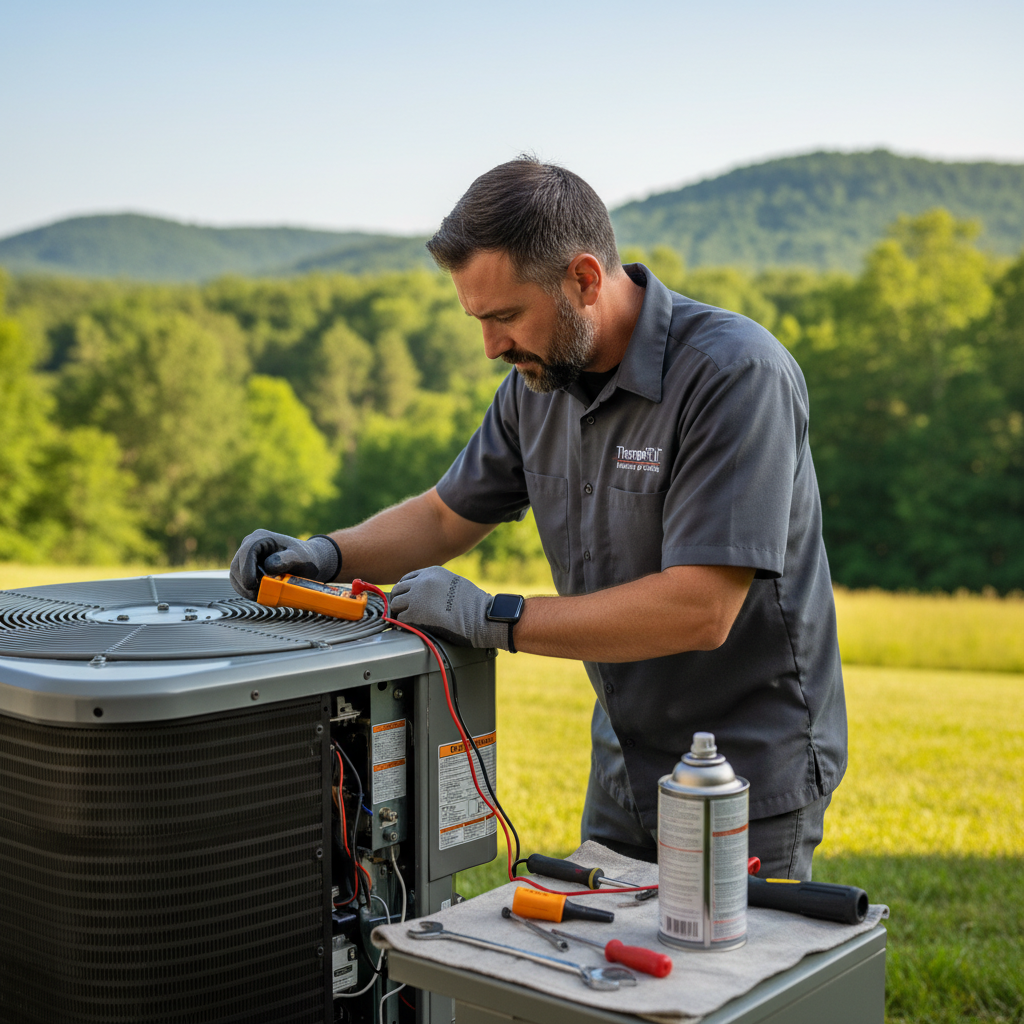 ThermoSTAT technician performing AC repair service on an outdoor unit in Campbell County, TN.