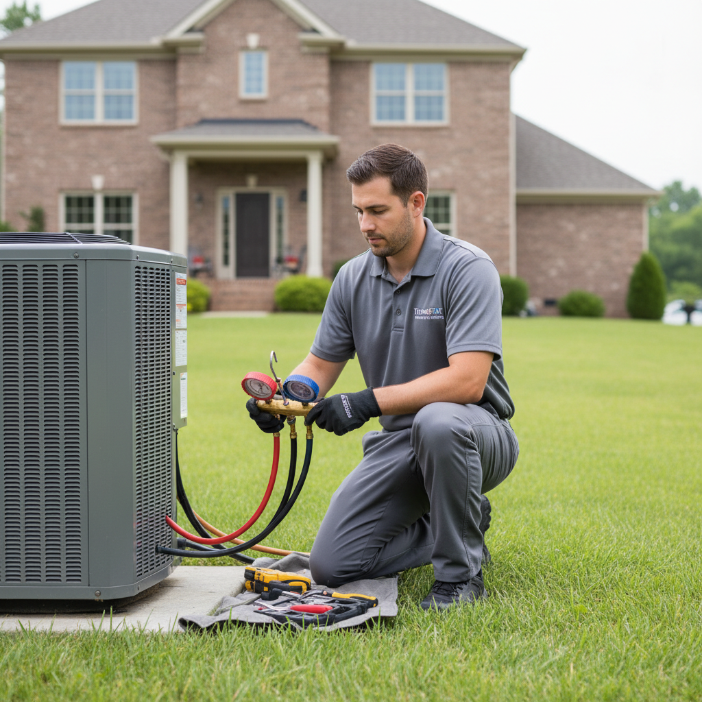 ThermoSTAT technician performing AC repair service on an outdoor unit in Jacksboro, Campbell County TN.