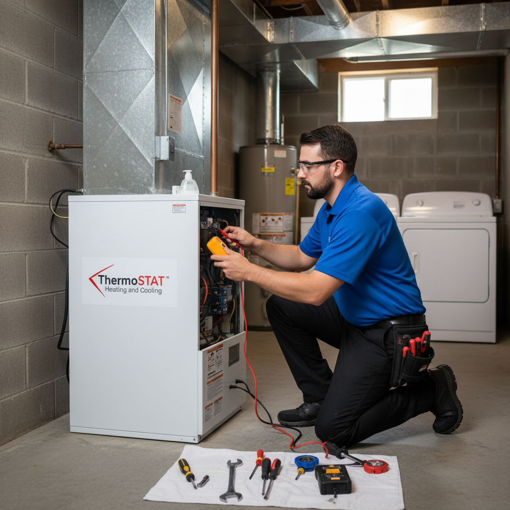 ThermoSTAT technician performing heating system maintenance in a Caryville, TN residence.