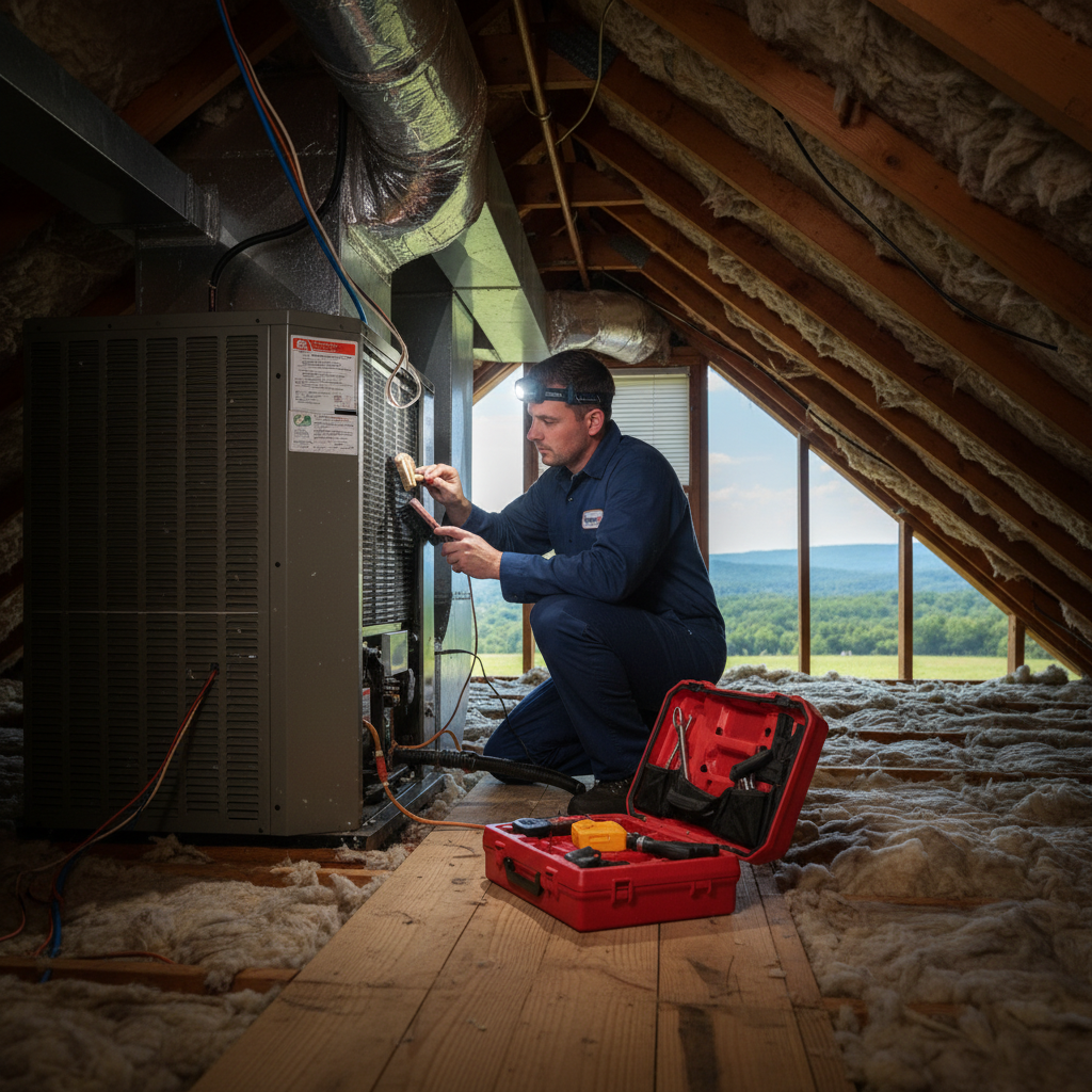 ThermoSTAT technician performing maintenance on an HVAC system in a Caryville, Campbell County, TN attic.