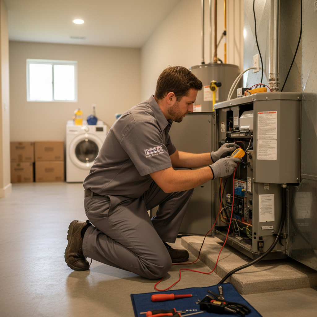 ThermoSTAT technician working on a furnace in a Caryville, TN home, ensuring proper heating and cooling.