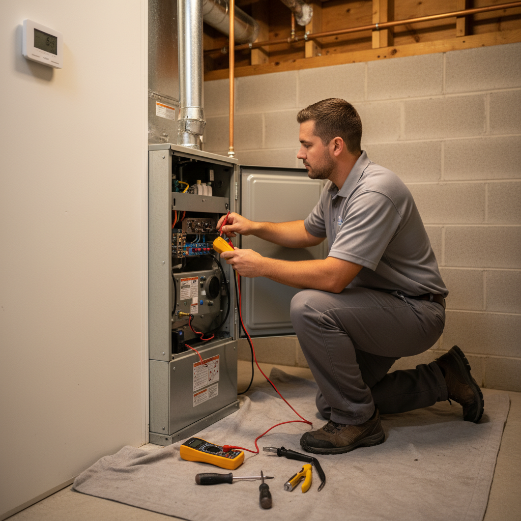 ThermoSTAT technician working on a furnace in a Caryville, TN home for heating service.