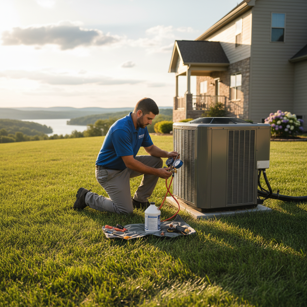 ThermoSTAT technician working on an AC unit in LaFollette, Jacksboro, Caryville, Campbell County TN backyard.