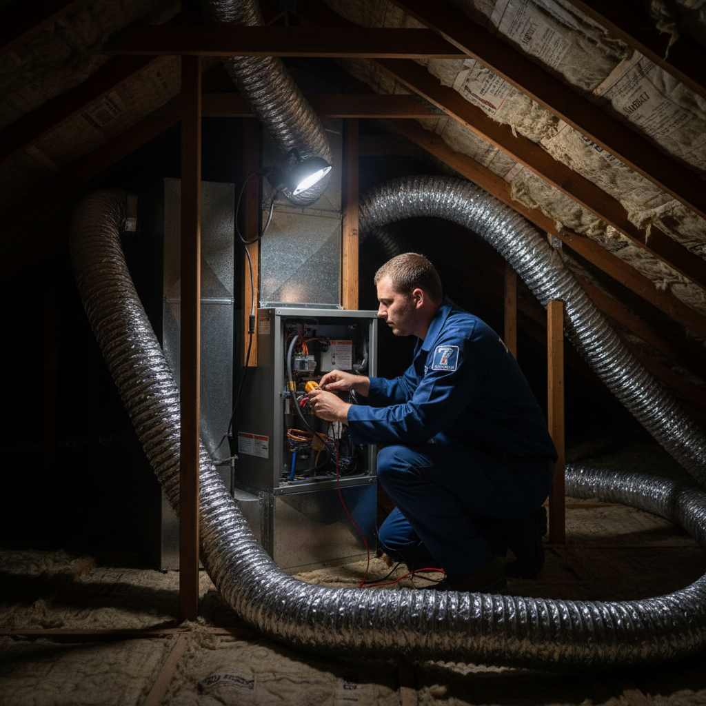 ThermoSTAT technician working on an HVAC system in an attic in the LaFollette, TN area.