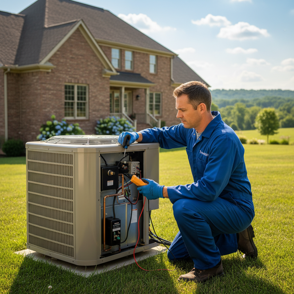 ThermoSTAT technician working on an outdoor AC unit in Jacksboro, providing quality cooling service.