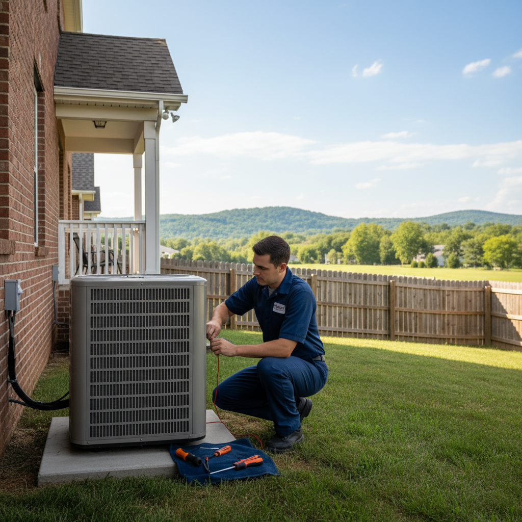 ThermoSTAT technician working on an outdoor air conditioning unit in a Jacksboro, TN backyard.