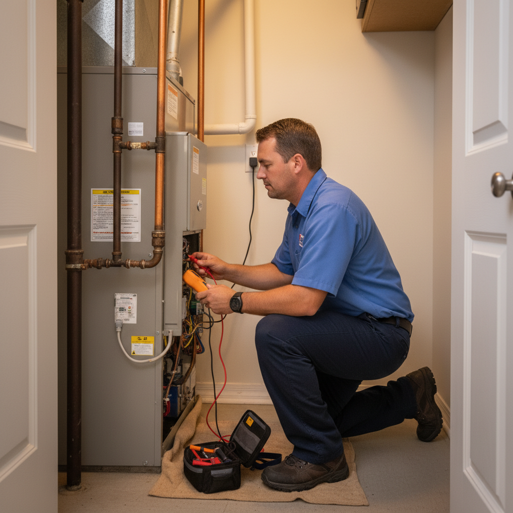 ThermoSTAT technician working on heating system in a LaFollette, Jacksboro, Caryville, Campbell County TN residence.